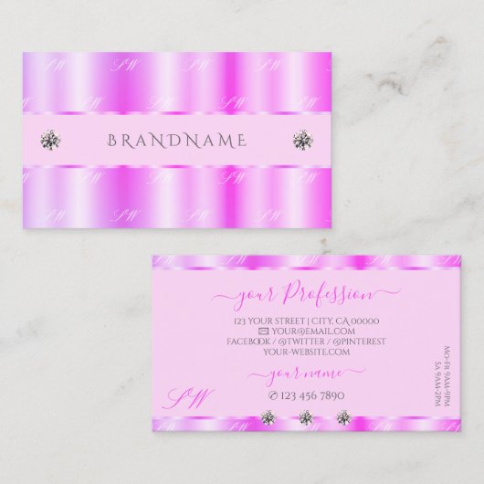 Lichtroze monogram met mousserende diamanten visitekaartje (Voorkant / Achterkant)