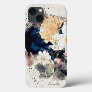 Lichtroze oranje florale blauwe waterverf splash iPhone 13 hoesje
