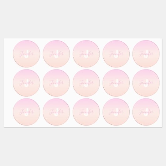 Lichtroze & perzikgradiënt Ombre Naam & Monogram Labels (Vel)