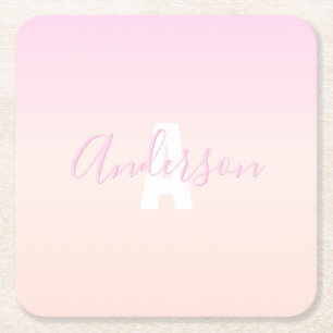 Lichtroze & perzikgradiënt Ombre Naam & Monogram Vierkante Kartonnen Onderzetter