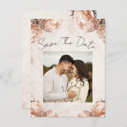 Lichtroze pioenbloemen Save the Date Aankondigingskaart (Voorkant / Achterkant)