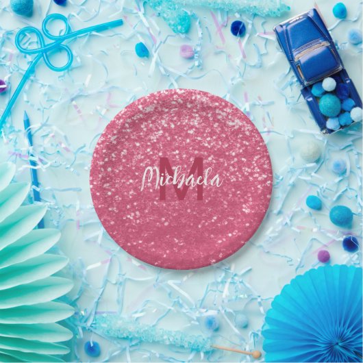 Lichtroze roos faux sparkles glitter Monogram Papieren Bordje (Feest)