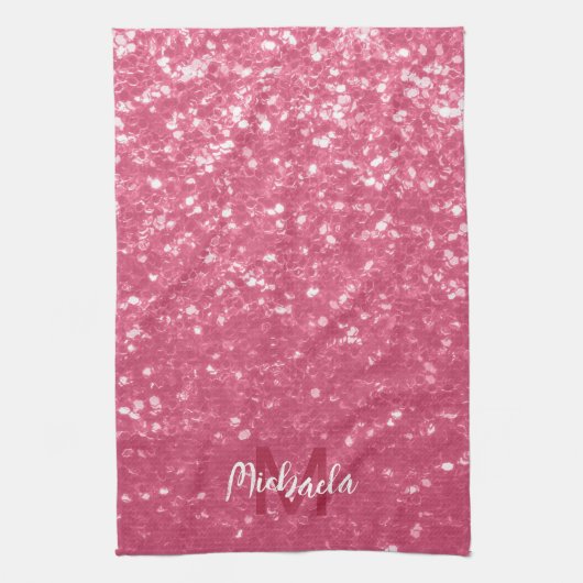 Lichtroze roos faux sparkles glitter Monogram Theedoek (Verticaal)