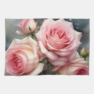 lichtroze rozen tuin waterverf schilderij theedoek