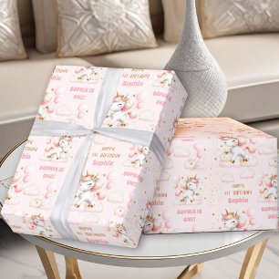 Lichtroze Schattige Eenhoorn Meisje 1e Verjaardags Cadeaupapier