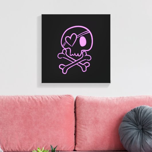 Lichtroze schedel en kruisbeenderen met hartepatch canvas afdruk (Insitu (Woonkamer))