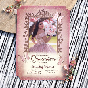 Lichtroze vlinders, bruine Quinceanera Kaart