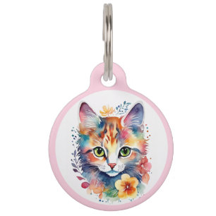 Lichtroze Waterverf stijl Floral Kitten Huisdierpenning