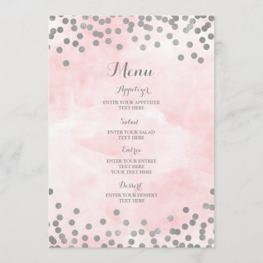 Lichtroze Waterverf Zilver Confetti Wedding Menu (Voorkant)