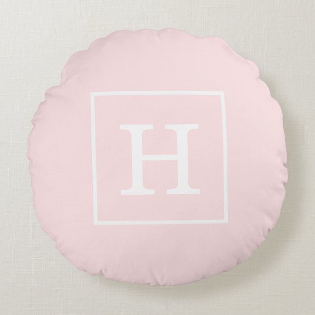 Lichtroze witte omhulde Initiaal monogram Rond Kussen (Voorkant)