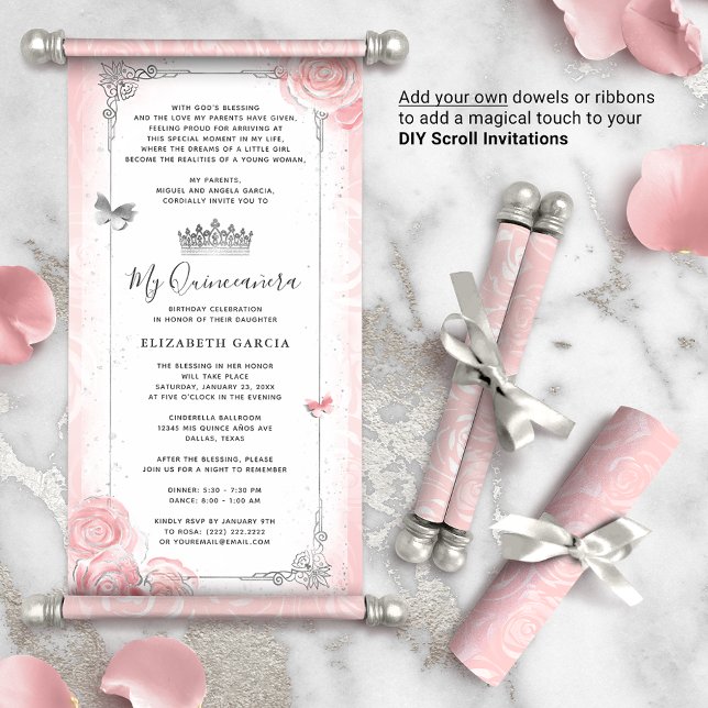 Lichtroze zilveren Quince DIY Scroll Uitnodigingen (DIY scrolls do not come with dowels. Add your own or roll up with a ribbon for a personalized touch!)