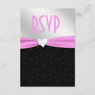 Lichtroze zwarte Floral Damask Diamond Heart RSVP Kaartje
