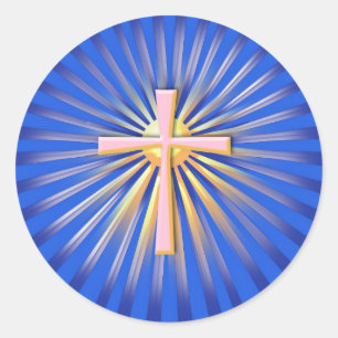 Lichtstralen van het religieuze kruis (op blauw) ronde sticker