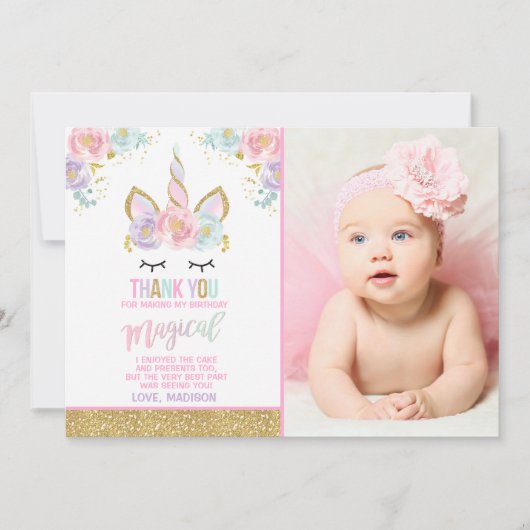 Licorne d'or de rose de carte de remerciements de (Devant)