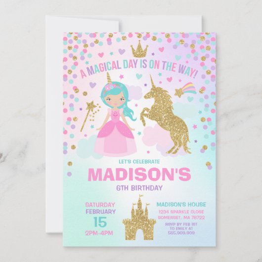 Licorne et princesse Invitation Magical Birthday (Devant)