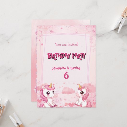 Licorne Rose Mignonne une Invitation d'Anniversair (Devant/Arrière en situation)