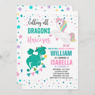Licornes et invitation d'anniversaire de dragons