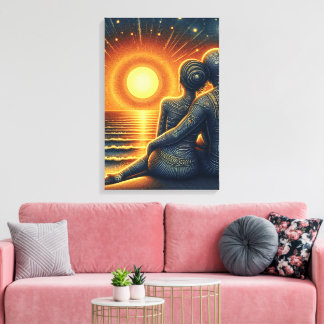 Liebespaar bei Sonnen Untergang am Meer Canvas Afdruk
