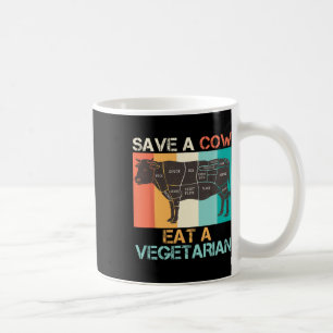 Liebhebber van vlees spaar een koe eet vegetarisch koffiemok