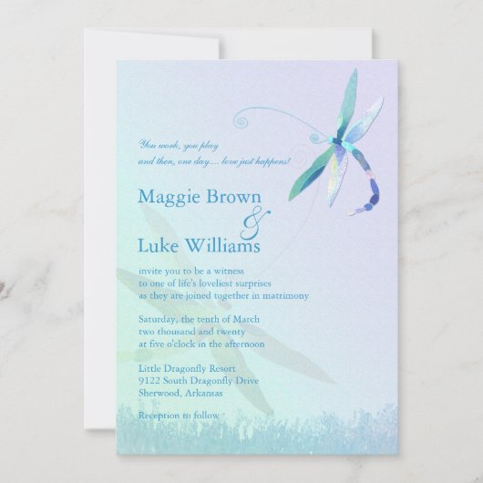 Liedje van Dragonfly Whimsical Blue Wedding Kaart (Voorkant)