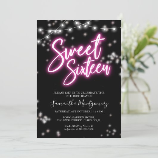 Lief 16 Verjaardag Heet Roze Neon Theme Party Kaart (Staand voorkant)