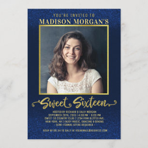 Lief 16 Verjaardag Navy Blauw Goud Glitter Foto Kaart