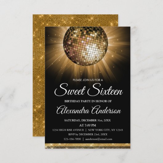 Lief 16 Verjaardagsfeestje Gouden Disco Bal Kaart (Voorkant / Achterkant)