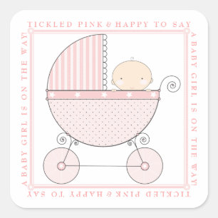 Lief Baby Meisje Carriage Baby shower in Roze Vierkante Sticker
