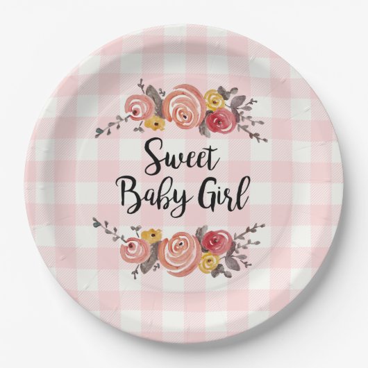 Lief Baby Meisje Gingham Baby shower Papieren Bordje (Voorkant)