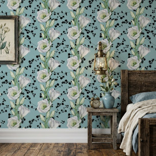 Lief Blauw Whimsical Zwart en Wit Bloempatroon Behang