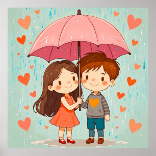Lief Cartoonkoppel dat onder een Roze Paraplu lach Poster