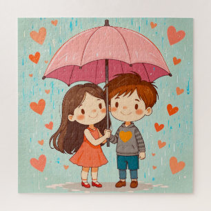 Lief Cartoonkoppel Lachend Onder Roze Paraplu Legpuzzel