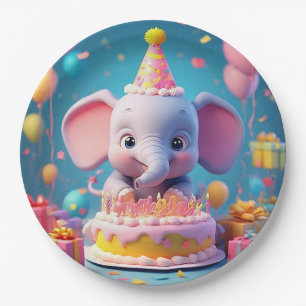Lief cartoonolifant die verjaardag viert papieren bordje