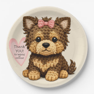 Lief gebreid puppy met strik feestillustratie papieren bordje