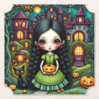 Lief Gothisch Meisje Pompoen Halloween Dorp Kartonnen Onderzetters