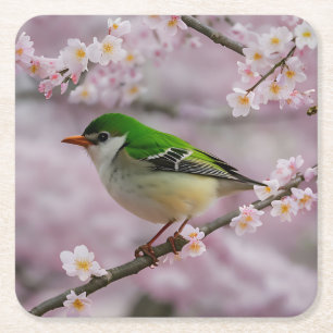 Lief groen vogeltje in een witte bloeiende boom vierkante kartonnen onderzetter