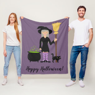 Lief heksje en kat Gelukkig Halloween-tekst Fleece Deken