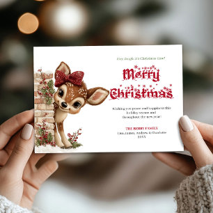 Lief kerstkindhert dat naar buiten gluurt winterka feestdagenkaart
