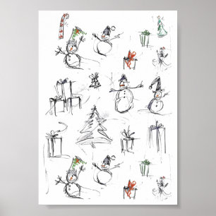 Lief kerstpatroon met sneeuwman, boom en cadeau poster