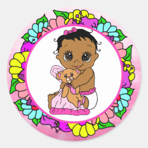 Lief klein etnisch Baby met teddybeer floraal Ronde Sticker