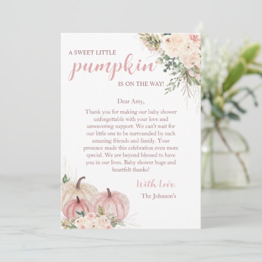 Lief klein pompoen herfst Baby shower Bedankkaart (Staand voorkant)