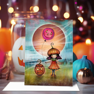 Lief Klein Pompoenmeisje Halloween Kunst Kaart