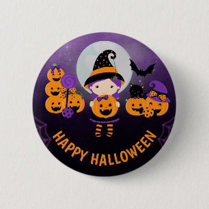 Lief meisje als heks en pompoenen Fijne Halloween Ronde Button 5,7 Cm