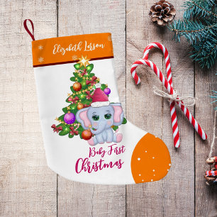 Lief meisje EERSTE KERSTFEES Oranje olifant BABYS Kleine Kerstsok