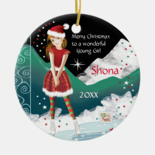 Lief meisje, jonge tiener schaatser, Kerstmis Keramisch Ornament