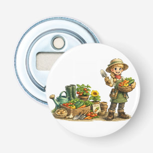 Lief Meisje Tuinier Oogst Groenten Kunst Button Flesopener