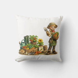 Lief Meisje Tuinier Oogst Groenten Kunst Kussen