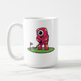 Lief monster met één oog en roze speelt golf carto koffiemok