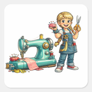Lief Naaimeisje Cartoon met Vintage Machine Vierkante Sticker