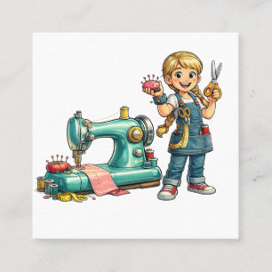 Lief Naaimeisje Cartoon met Vintage Naaimachine Vierkante Visitekaartje